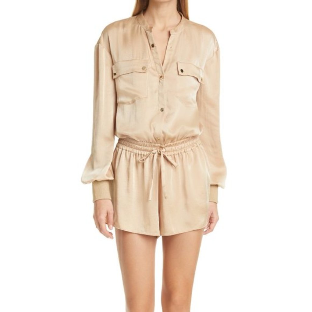 Ramy Brook Dale Utility Snap Button Champagne Satin Long Sleeve Romper Sz S
